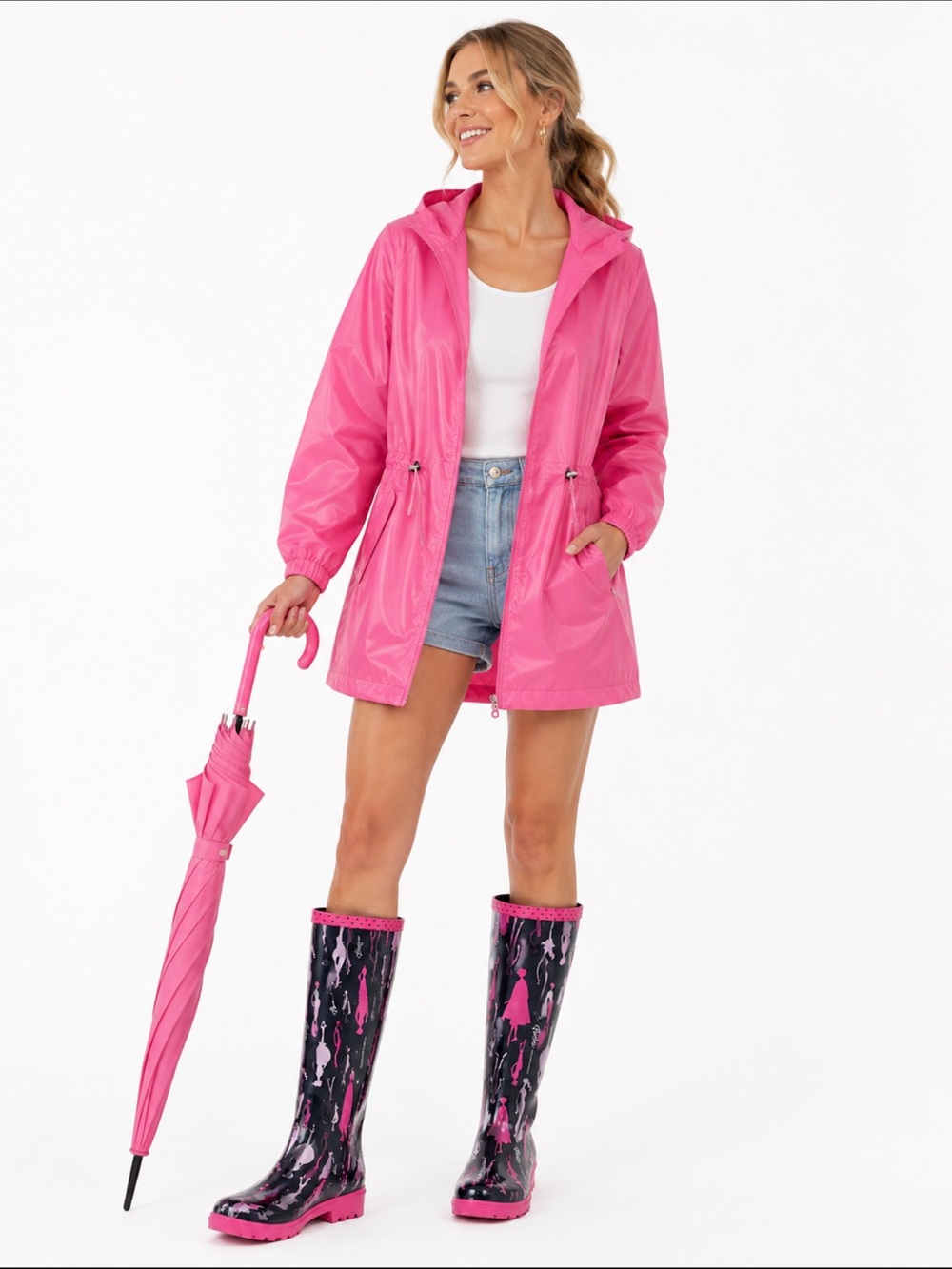 Barbie 50TH Anniversary Women's Stylish Black and Pink Silhouette Rain Boots